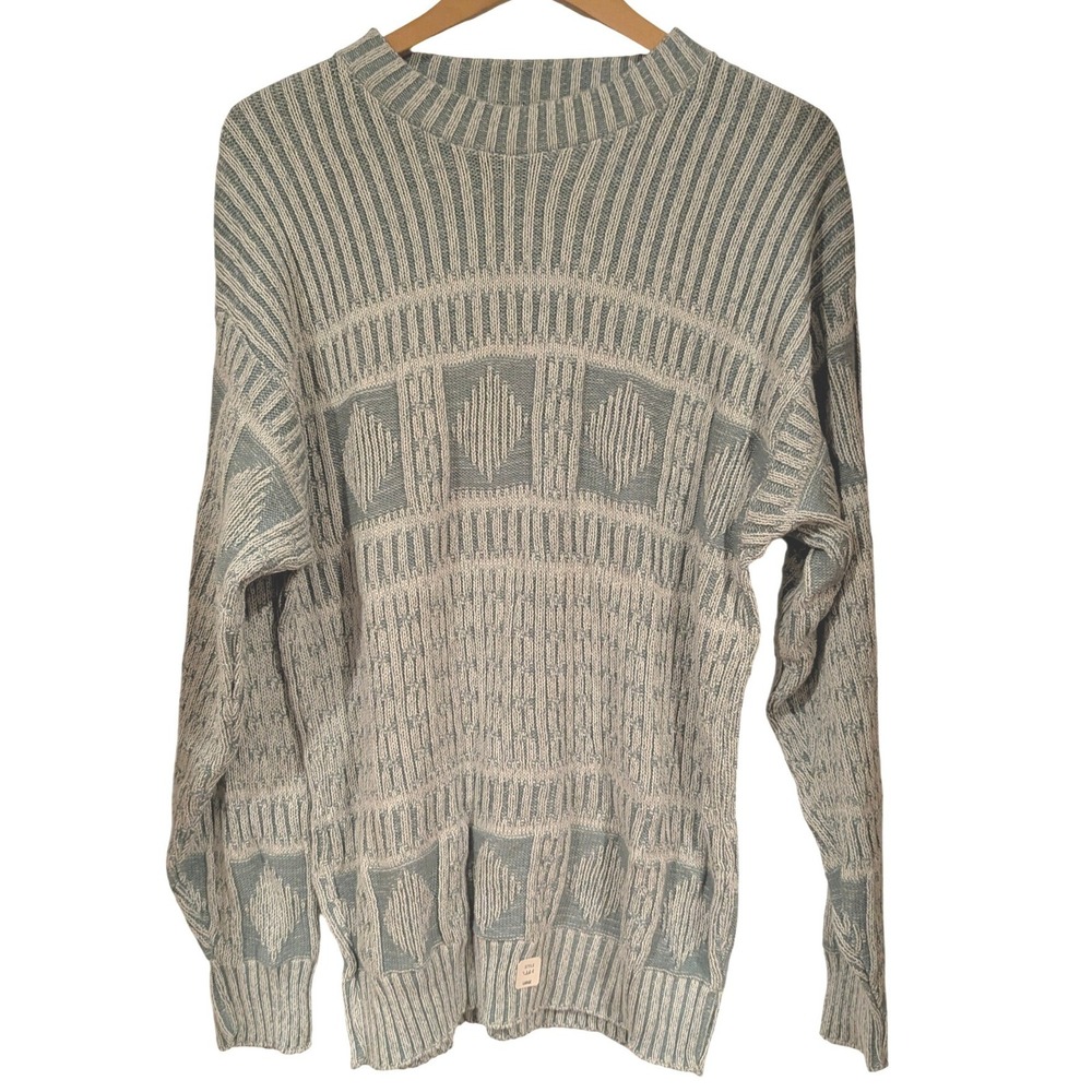 Vintage 80s Deadstock Sweater LG Blue Geometric Ribbed Knit Cotton Made in USA - Picture 2 of 8